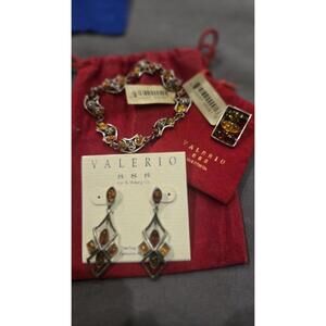 Vtg Valerio 888 Co. Genuine Amber Sterling Silver Set Bracelet Earrings Pendant